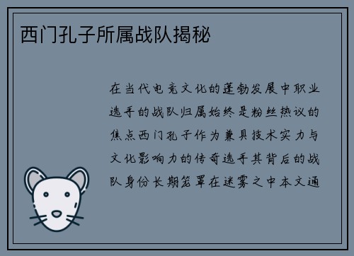 西门孔子所属战队揭秘