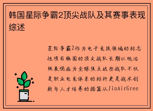 韩国星际争霸2顶尖战队及其赛事表现综述