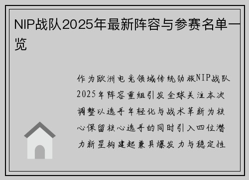 NIP战队2025年最新阵容与参赛名单一览